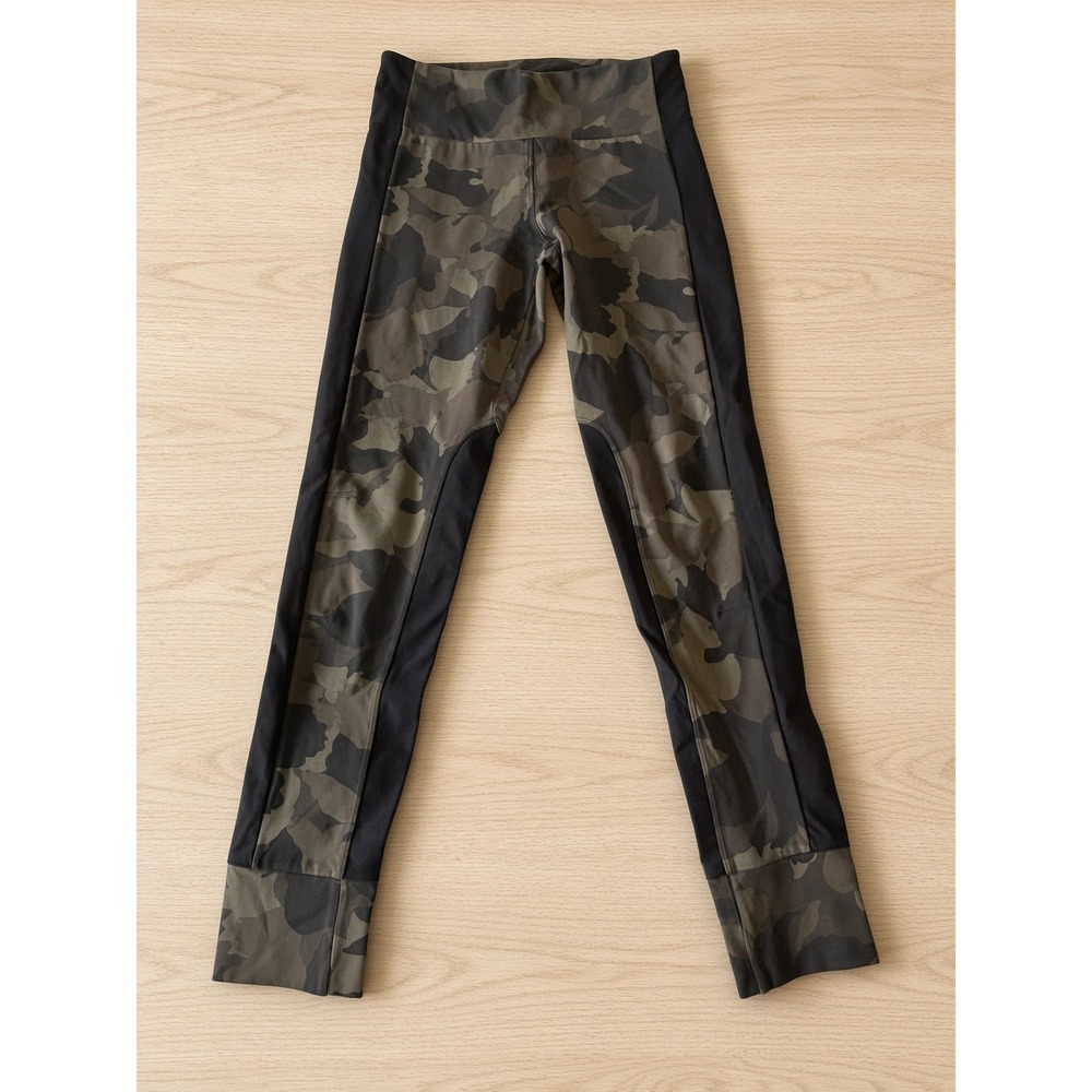 Athleta Womens Small Olive Camo High Rise Leggings Black Side Panels Activewear